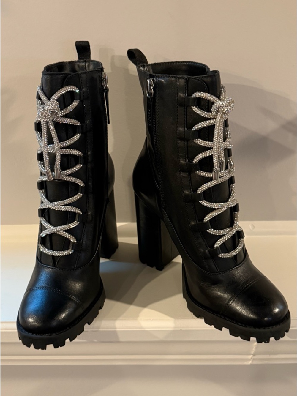 SCHUTZ Black Lace-Up Platform Ankle Boots with Crystal Rope Laces
